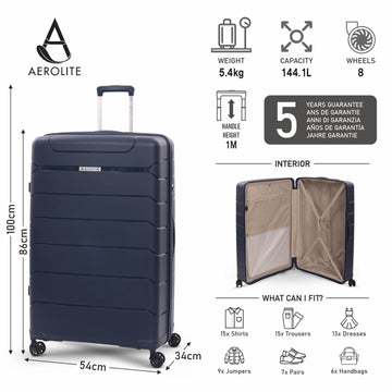 Aerolite 32” XL 144L Polypropylene (PP) Checked Luggage – Lightweight Extra Large Hard Shell Suitcase with 4 dual Spinner Wheels, TSA Lock & Waterproof Pocket – Navy
